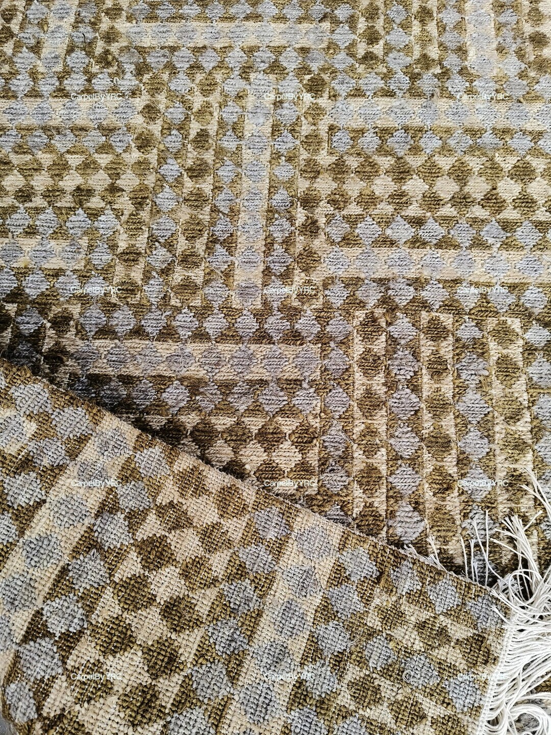 Earthy Tone Sumac Rug - Gold Brown & Slate Blue Traditional Geometric ...