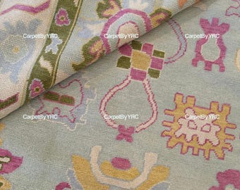 Tropical Style Turkish Oushak Wool Rug - Slate Blue & Sage Green Floral Motifs – Hand Knotted 9x12Ft Farmhouse Pink Rug