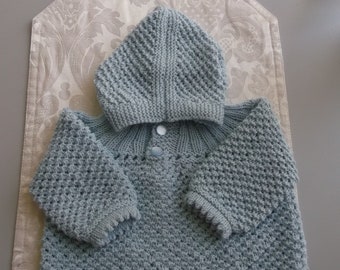 Hand Knit Baby Sweater with Hood Hand Knit Pale Blue Baby Hooded Sweater
