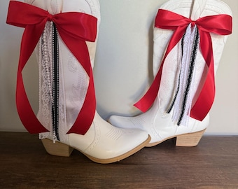 The "Amelia" Boot Bow set--red, black, white, College Football Game day Ready! Georgia, Alabama