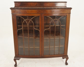 Antique Bow Front Walnut China Cabinet,  Scotland 1920, H1011