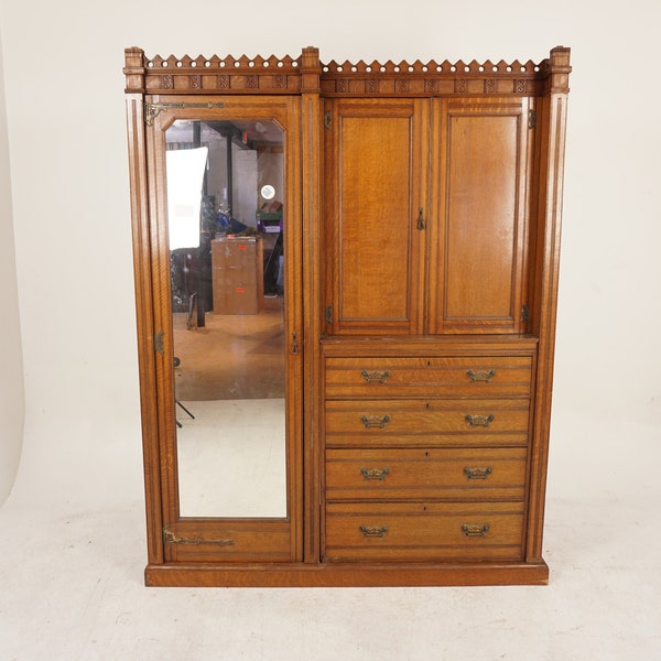 Antique Carved Tiger Oak Arts& Crafts Armoire, Wardrobe, Scotland 1900, H254