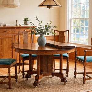 May include: A round wooden dining table with a central pedestal base and claw feet, accompanied by four chairs featuring teal upholstered seats. A blue ceramic vase with green eucalyptus branches sits on the table surface next to a wooden leaf.