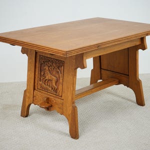 Vintage Carved Oak Dutch Pull, Draw Leaf, Refectory Dining Table F-1617