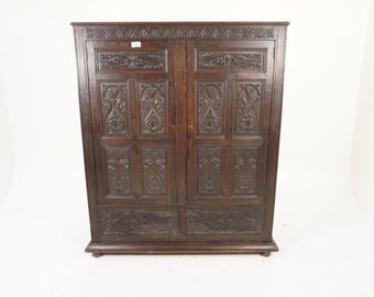 Antiker gotischer Eichen-Haushälter-Schrank, Halle, Armoires, Schottland 1880, F-985