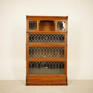 Globe Wernicke 4 Stack Oak Sectional Bookcase w/ Leaded Glass Doors - England 1920 F-1539