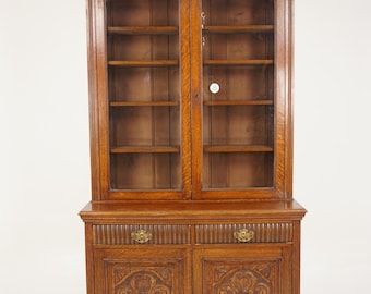Antique Oak Bookcase With Glass Doors - Etsy