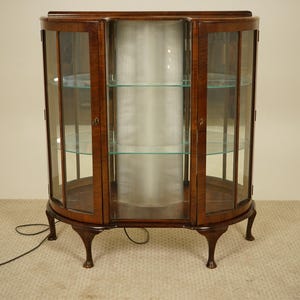 Vintage Inverted Walnut & Veneer Display Cabinet, Art Deco, China Cabinet with Lights, Scotland 1930 F-1560