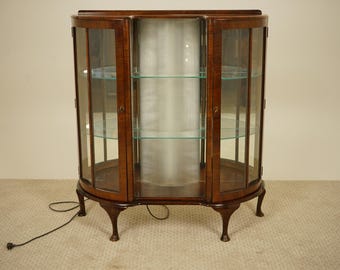 Vintage Art Deco Walnut China Cabinet with Lights, Scotland 1930  F-1560