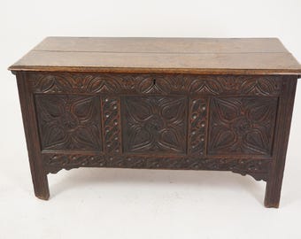 Antike, hochwertige, geschnitzte Eichen-Deckenbox aus dem 18.Jahrhundert, Truthahn - Scotland 1780 F-1302