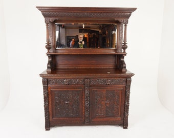 Antique Victorian Carved Oak "Green Man" Mirror Back Sideboard, Buffet, Scotland 1870 F-1020