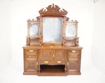 Victorian Large Carved Oak Mirror Back Sideboard Buffet, Scotland 1890, F-189