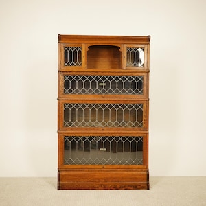 Globe Wernicke 4 Stack Oak Barrister Sectional Bookcase w/ Leaded Glass Doors - England 1920 F-1540