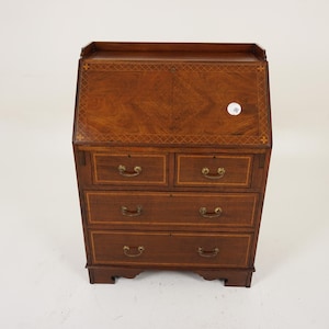 Antique Walnut Desk, Inlaid Walnut Slant Front Desk, Drop Front Bureau, Antique Furniture, Scotland 1910, F-1141