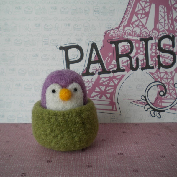 Purple Pocket Penguin in a Bowl - Needle Felted