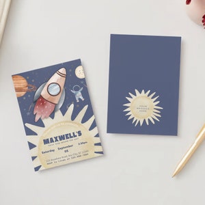 Invitations d'anniversaire spatiales Premier voyage autour du soleil | Invitations à une fête d'anniversaire | Invitation modifiable à l'aquarelle | Faire-part d'anniversaire garçon