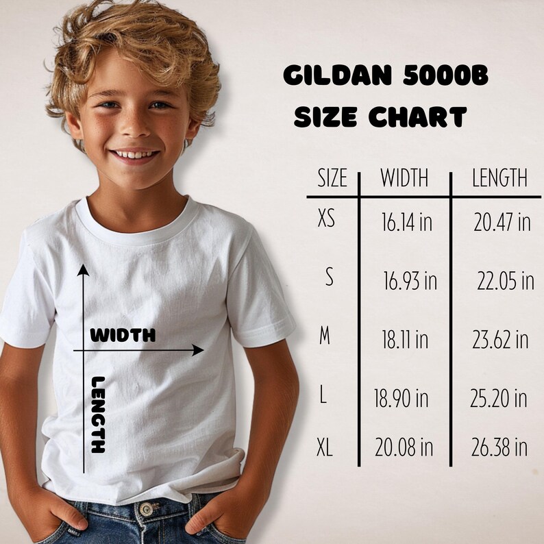 Puede incluir: Una tabla de tallas para camisetas Gildan 5000B, que muestra las medidas de ancho y largo en pulgadas para las tallas XS, S, M, L y XL.