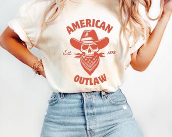 Maglietta grafica American Outlaw / Maglietta grafica Americana Y2K / Colori comfort / Maglietta motociclista Outlaw con teschio e bandana