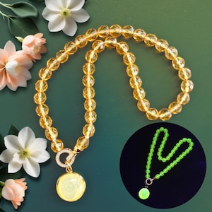 Rare Golden Brown Uranium Glass Bead Choker with Vaseline Glass Cab Gold Tone Pendant