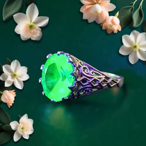 May include: A silver ring with a large, green gemstone set in a detailed, ornate setting. The ring has a purple and gold finish.