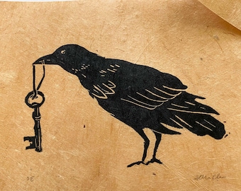 Crow's Gift Mini Linocut Print: Black Ink, Lotka Paper, Signed Original