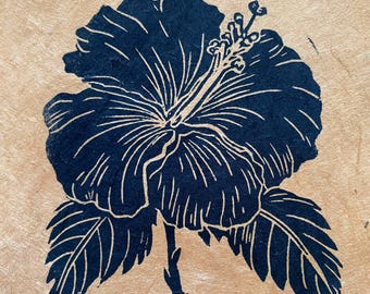 Hibiscus Flower Mini Linocut Print: Black Ink, Lotka Paper, Signed Original