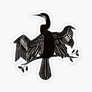 May include: Black and white silhouette of a bird with its wings spread, perched on a branch. The bird has a long neck and a pointed beak.