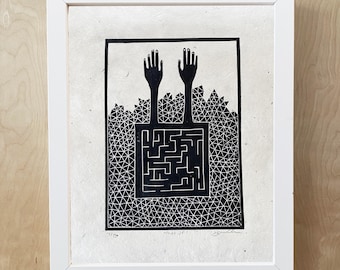 Maze Linocut - Original Art Print - "What If?" Geometric Style Art
