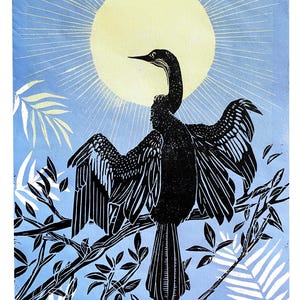 Linoleografia di Anhinga - Stampa artistica originale - Stampa a blocchi di uccelli della Florida stampata a mano a 3 colori multiblocco