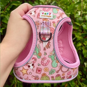 May include: Pink dog harness with a colorful southwestern pattern featuring cacti, horseshoes, and skulls. The harness has a mesh lining and the words "very vintage" are printed on the front.
