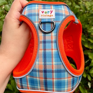 Plaid Dog Harness | Fall Dog Vest | Stylish Orange and Blue Pet Harness | No Pull Harness for Dogs | Cute Dog Gear | Lightweight Dog Harness
