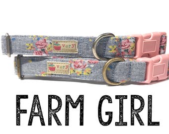 Country Vintage Faded Denim Chambray Light Pink Floral Dog Collar - Antique Metal Hardware - "Farm Girl"