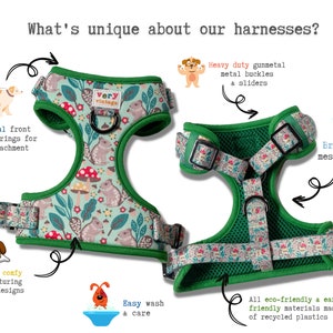 May include: A green and white dog harness with a floral pattern and the words "Very Vintage" printed on the front. The harness has a breathable mesh backing, heavy-duty gunmetal buckles and sliders, and solid metal front and back D-rings for leash attachment. The harness is made from eco-friendly materials made of recycled plastics.