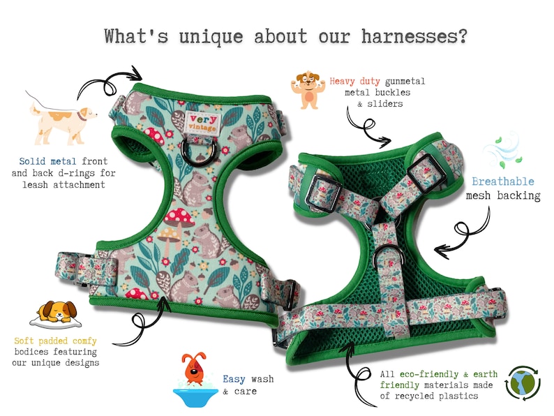 May include: A green and white dog harness with a floral pattern and the words "Very Vintage" printed on the front. The harness has a breathable mesh backing, heavy-duty gunmetal buckles and sliders, and solid metal front and back D-rings for leash attachment. The harness is made from eco-friendly materials made of recycled plastics.