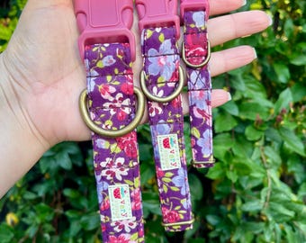 May include: Three purple and pink floral dog collars with pink buckles and gold metal D-rings. The collars have a small strawberry patch with the text "Very Berry" on them.