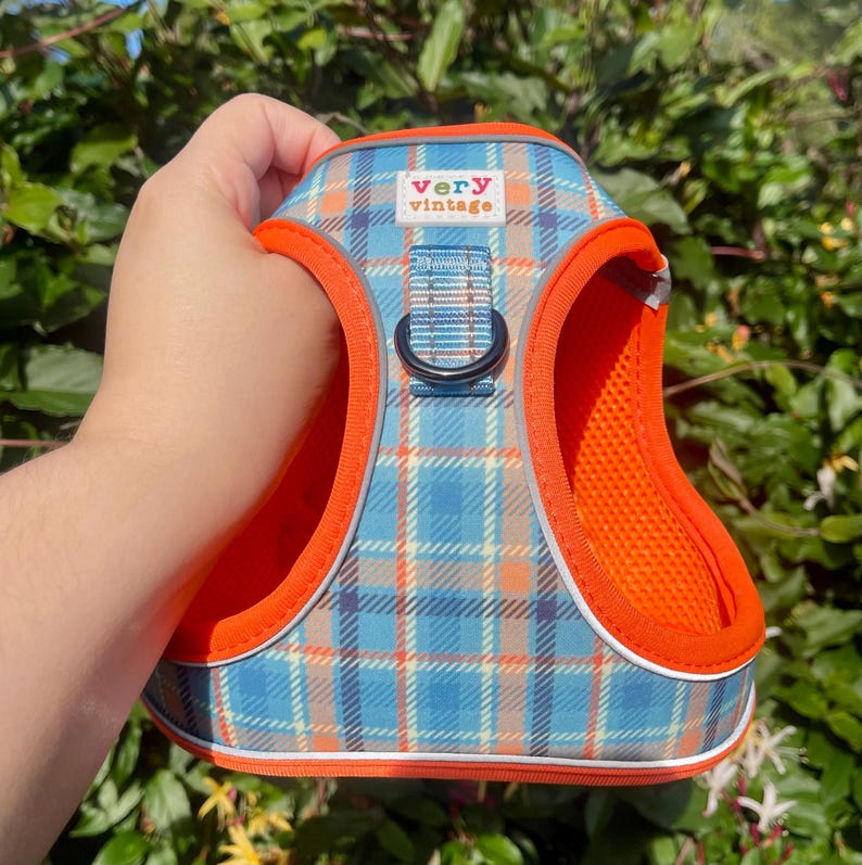 Arnés tipo chaleco para perros a cuadros azules – Arnés antitirones – Arnés elegante para perros pequeños y gatos – Arnés de paseo a cuadros para perros imagen 1