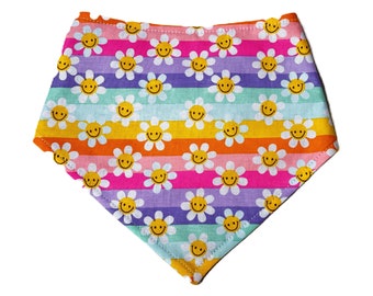 Bandana - Rainbow Stripe Daisy Bandana | Summer Dog Bandana | Dog Bandana | Cat Bandana | Scarf for Dogs | Happy Face Daisy Bandana