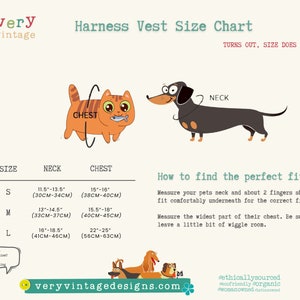 Puede incluir: Una tabla de tallas para arneses de perro con ilustraciones de un gato y un dachshund. La tabla muestra las medidas del cuello y el pecho en pulgadas y cent&iacute;metros para las tallas S, M y L. El texto "Turns out, size does matter." est&aacute; en la parte superior de la tabla. El texto "How to find the perfect fit" est&aacute; debajo de la tabla. El texto "veryvintagedesigns.com" est&aacute; en la parte inferior de la tabla.