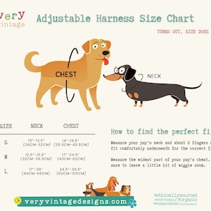 May include: A chart showing adjustable harness sizes for dogs. The chart includes neck and chest measurements in inches and centimeters for small, medium, and large sizes. The chart also includes a helpful tip on how to find the perfect fit for your dog's harness.