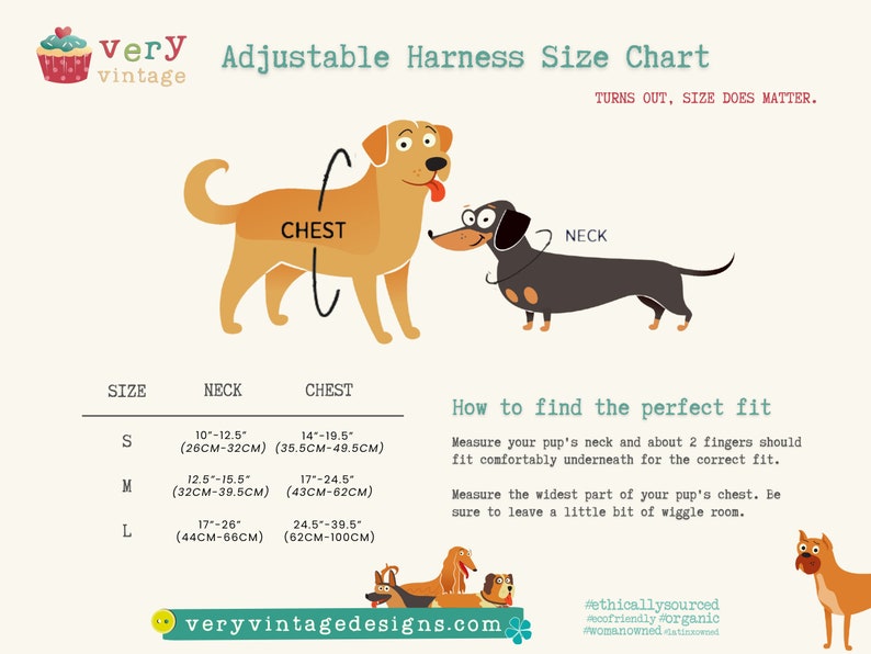 May include: A chart showing adjustable harness sizes for dogs. The chart includes neck and chest measurements in inches and centimeters for small, medium, and large sizes. The chart also includes a helpful tip on how to find the perfect fit for your dog's harness.