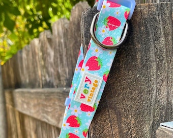 Strawberry Dog Collar | Cute Summer Collar | Adjustable | Recycled Dog Gear | Lightweight Dog Collar | Red Fruit Dog Gift | Kawaii Collar