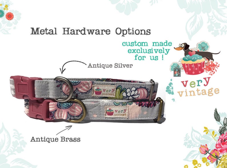 May include: Two dog collars with a floral pattern. The collars are made of gray fabric with pink and white flowers. The collars have a silver buckle and a brass buckle. The text "very vintage" is visible in the image.