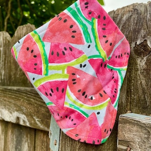 Watermelon Dog Bandana – Handmade Snap-On Summer Pet Accessory – Red & Green Fruit Print – Eco-Friendly Organic Cotton