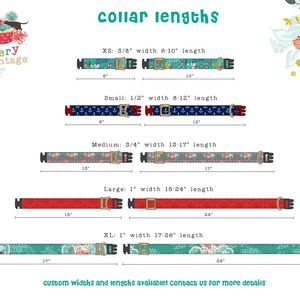 May include: A chart showing different sizes of dog collars with their corresponding widths and lengths in inches. The chart includes XS, Small, Medium, Large, and XL sizes. The collars are shown in various patterns and colors.