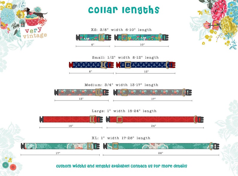 May include: A chart showing different sizes of dog collars with their corresponding widths and lengths in inches. The chart includes XS, Small, Medium, Large, and XL sizes. The collars are shown in various patterns and colors.