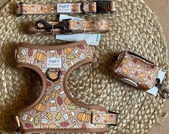 Autumn Puppy Harness Bundle | Dog Collar and Leash Set | Fall Dog Harness | Harness Vest for Dogs | Step in Harness | Pumpkin Spice Latte