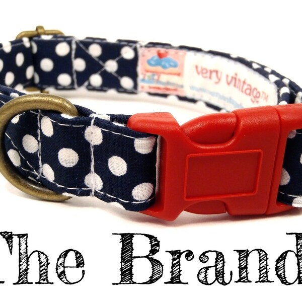 Navy Blue White Polka Dot Nautical Dog Collar - Organic Cotton - Antique Brass Hardware - "The Brandy"