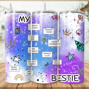Envoltura PNG para vaso delgado de 20 oz con diseño de mejor amiga, con citas y garabatos. Regalo de sublimación perfecto para tu mejor amiga, envoltura digital sin costuras.