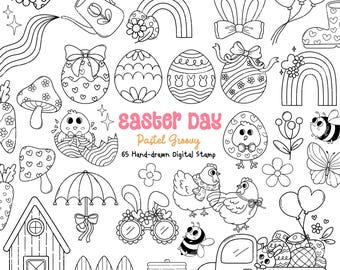 Happy Easter Digital Stamps: Pastel easter, Spring clipart, Easter eggs,  Spring flowers clipart, Groovy easter png svg for Crafts DIY