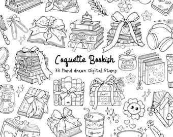 May include: A set of 33 black and white digital stamps featuring book-themed illustrations. The illustrations include stacks of books, books with bows, a coffee cup, a candle, a flower, a feather, and a pair of headphones. The text "Coquette Bookish" and "33 Hand drawn Digital Stamp" is included in the image.
